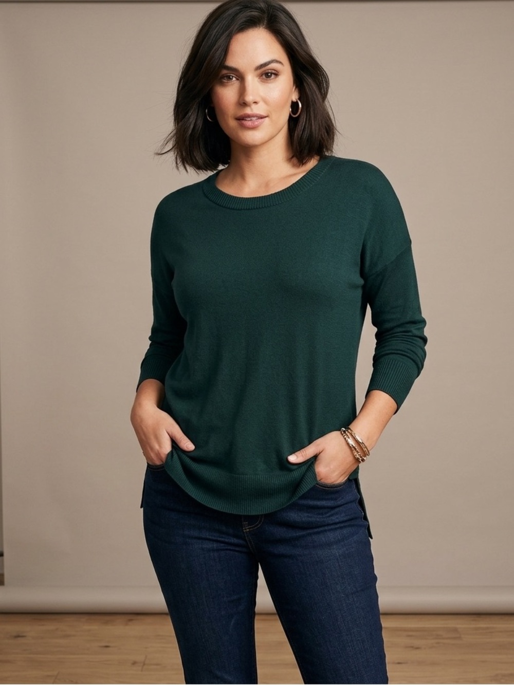 Fortune Ivy Sweater Women's Size Medium Forest Green Knit Pullover Long Sleeve